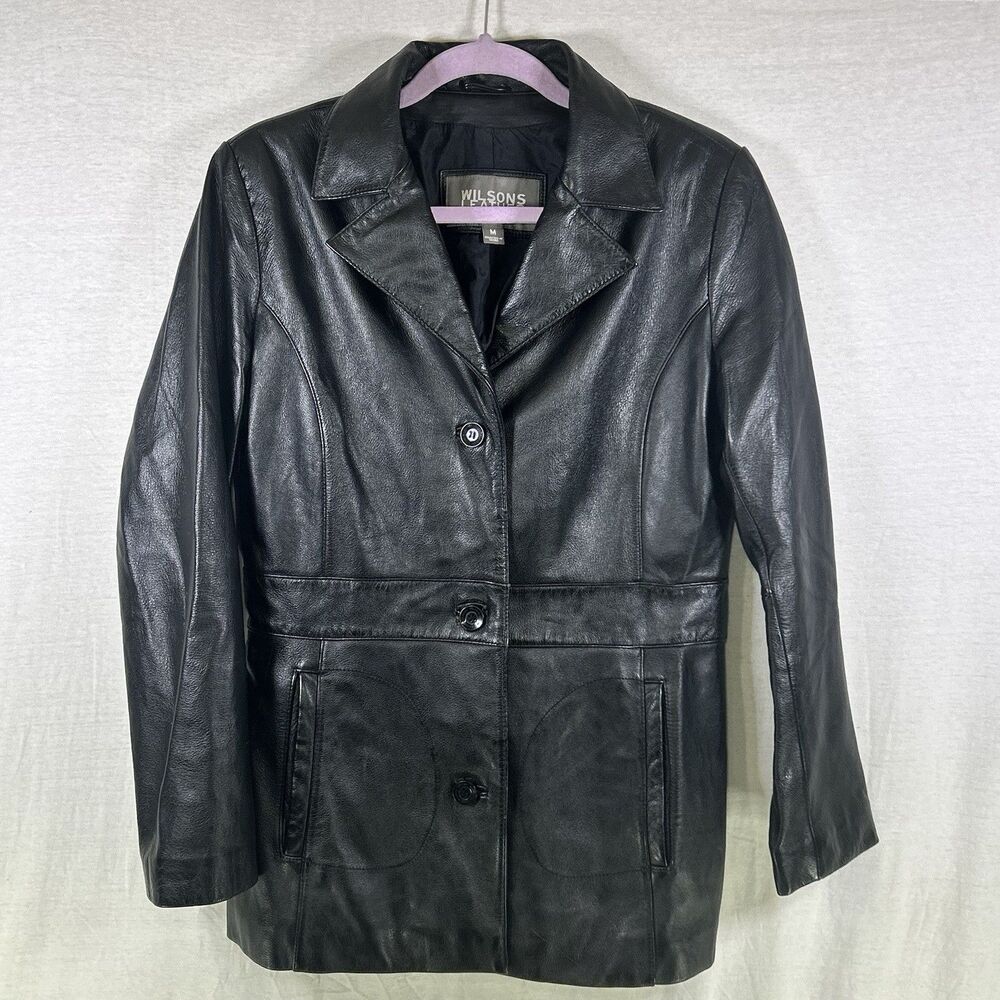 VINTAGE WILSON LEATHER Black Leather WOMAN’s Single Breasted Coat Size Medium